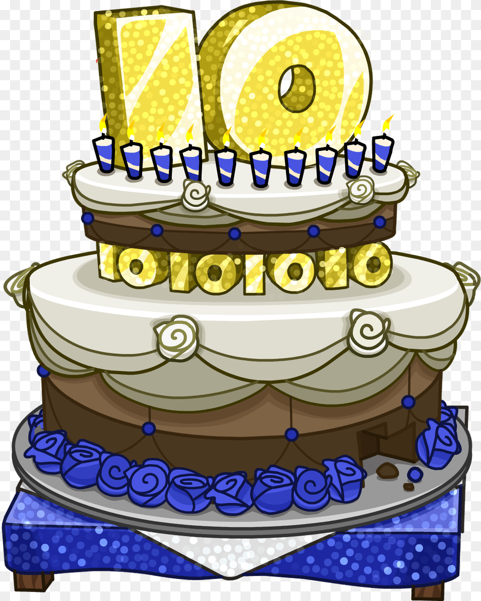 10th Anniversary Party Cake Club Penguin Anniversary Cake, Birthday Cake, Cream, Dessert, Food Free Png