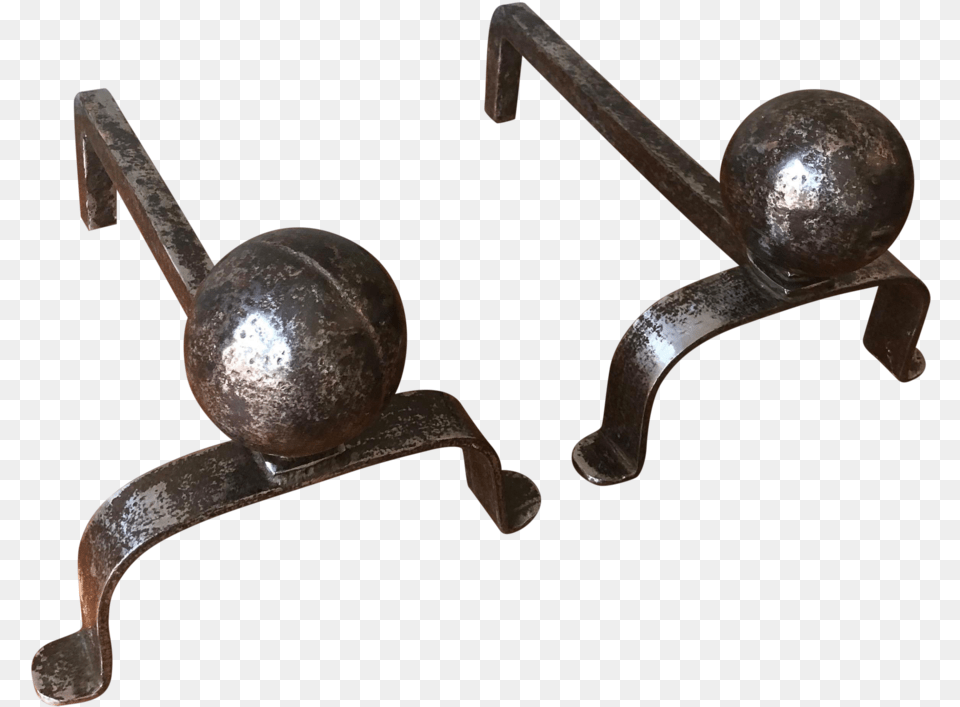 1920s Vintage French Polished Iron Andirons With Large Tool, Bronze, Smoke Pipe, Handle Free Transparent Png
