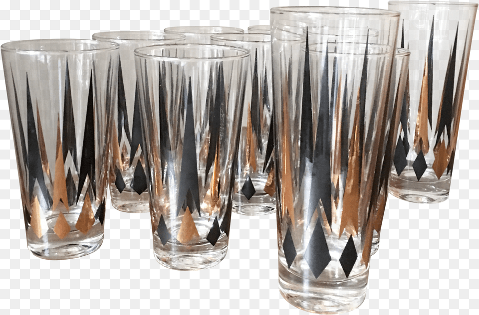 1960s Anchor Hocking Mid Century Black U0026 Gold Spires Drinking Glasses Set Of 14 Pint Glass, Body Part, Pants, Person, Hand Png Image