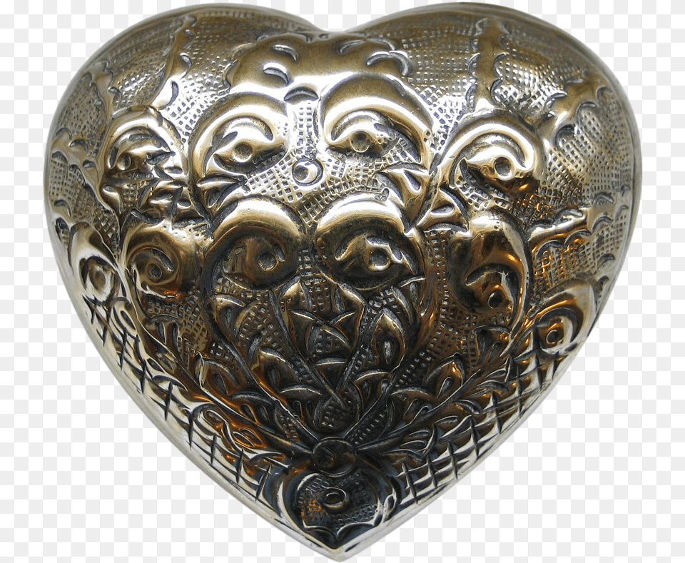 1970s Repouss Domed Heart Shaped Jewelry Trinket Box Carving, Accessories, Face, Head, Person Png