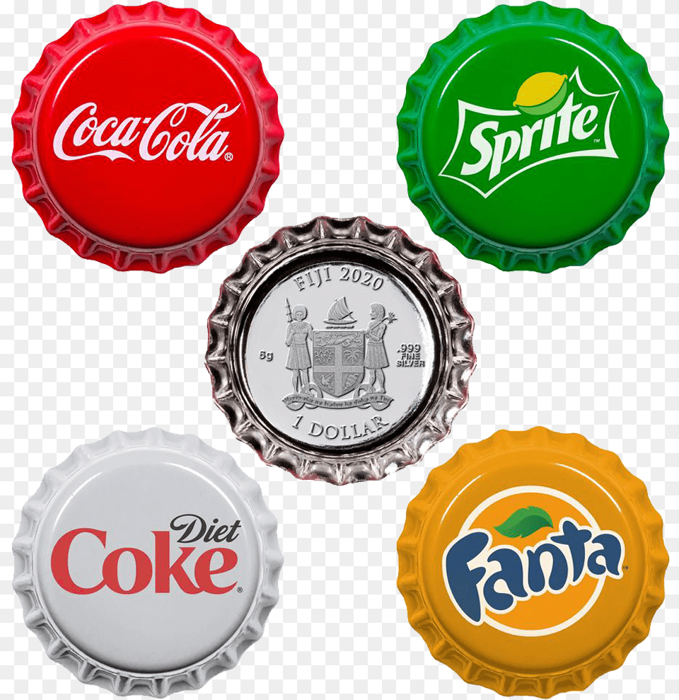 2 Coke Bottle Cap Coin, Plate, Logo, Person, Beverage Free Transparent Png