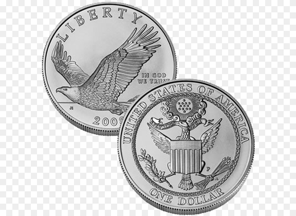 2008 P Bald Eagle Commemorative Uncirculated Silver 2008 Bald Eagle Silver Dollar Uncirculated By Collectors, Animal, Bird, Coin, Money Png