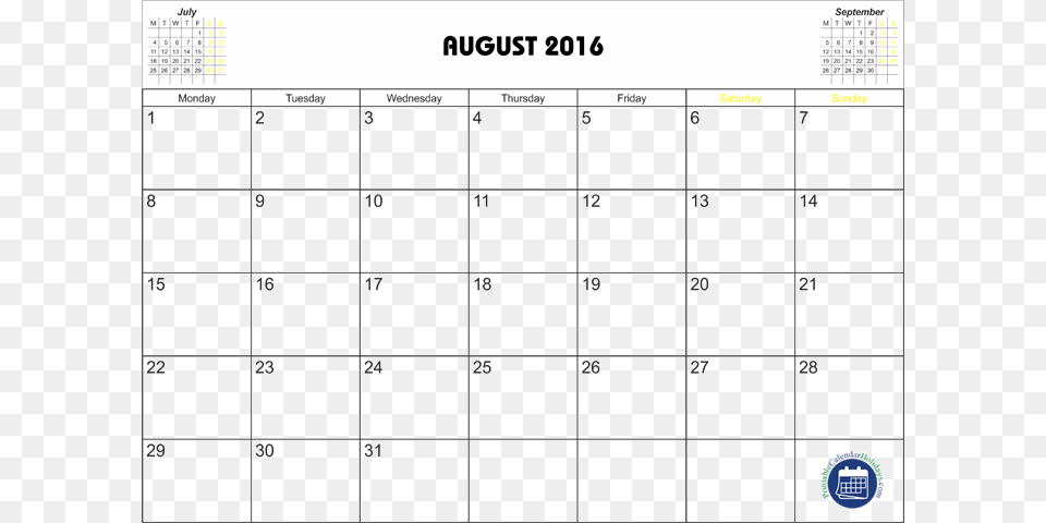 2016 Calendar August Printable Calendar, Text, White Board Png Image
