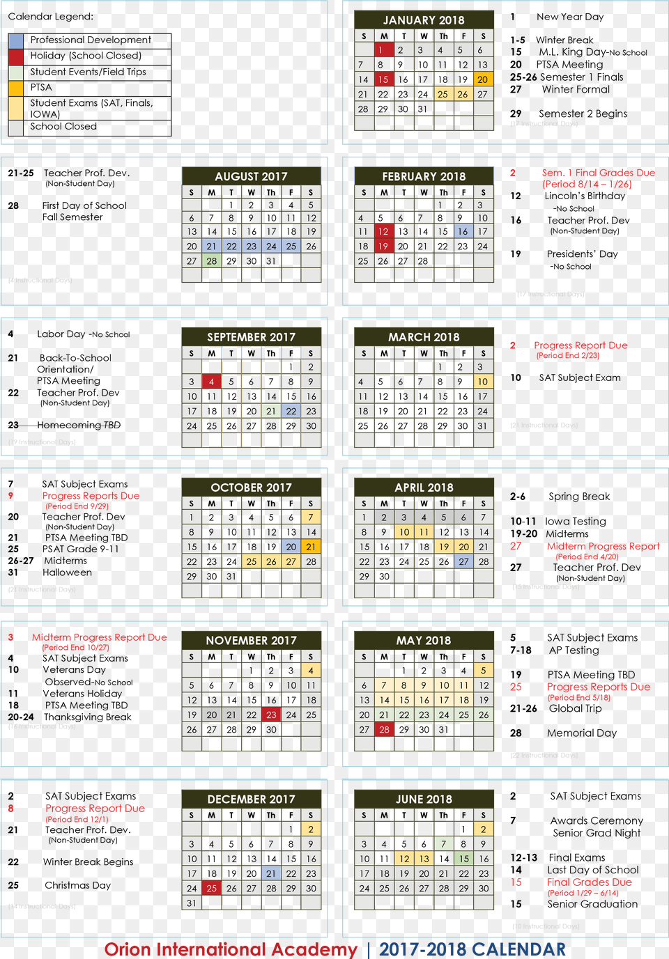 2017 2018 Academic Calendar Orion International Academy Calendar Elementary School 2017, Scoreboard, Cad Diagram, Diagram Free Transparent Png