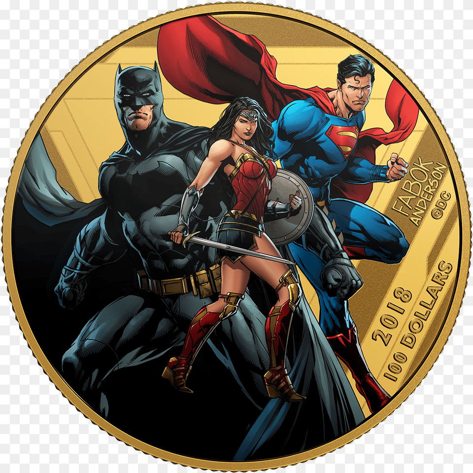2018 12 Gram Canada The Justice League United We Stand 14karat Gold Coloured Proof Coin Coin, Adult, Batman, Female, Person Png Image