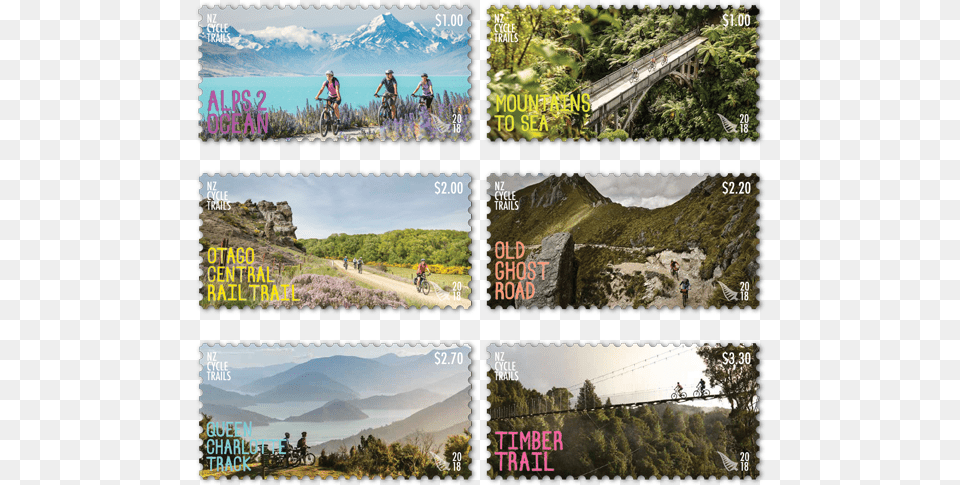 2018 Nz Cycle Trails Set Of Stamps New Zealand Stamps 2018, Art, Collage, Person, Bicycle Free Png