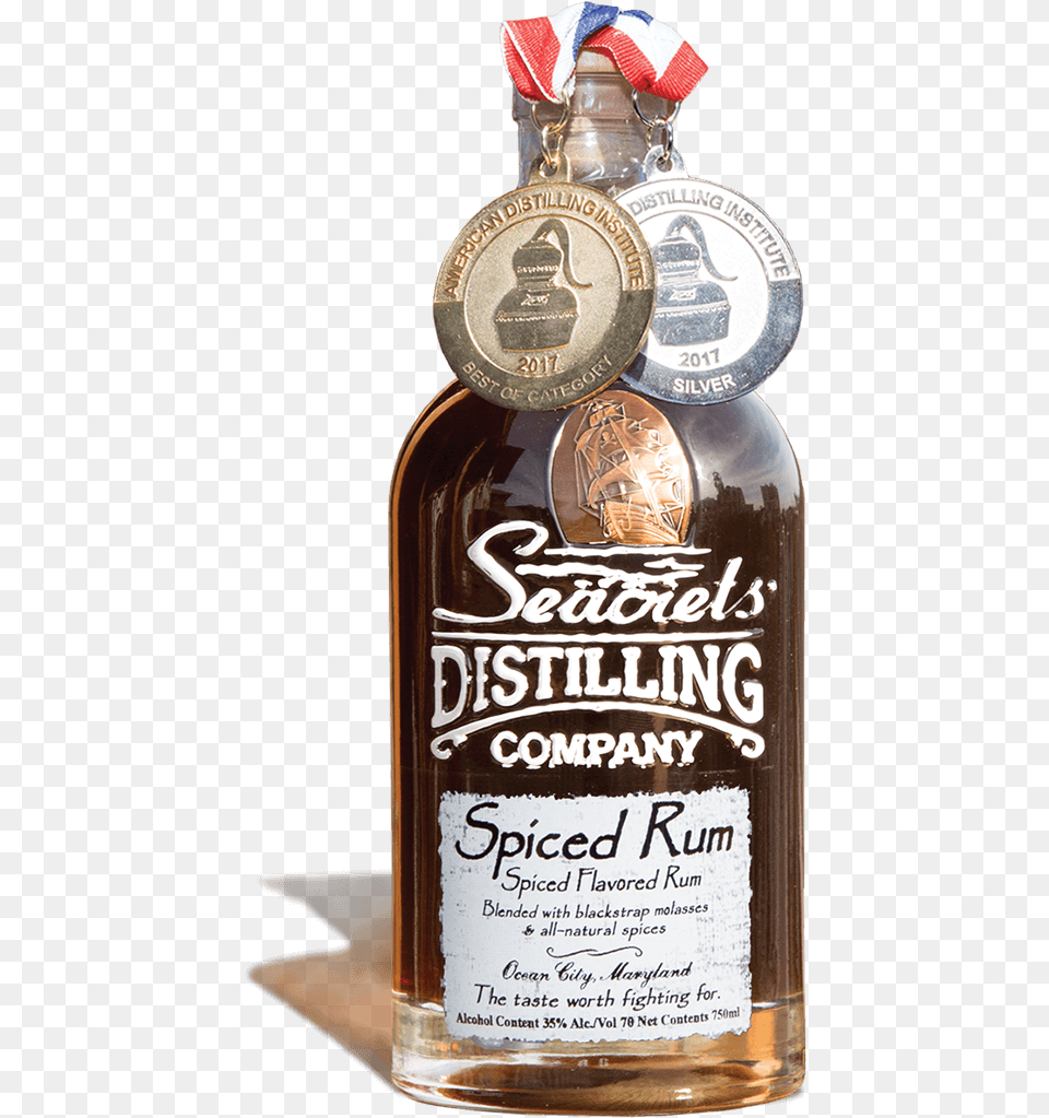 2019 Bottle With Shadow Spiced Rum With Medals Glass Bottle, Alcohol, Beverage, Liquor, Cosmetics Png Image