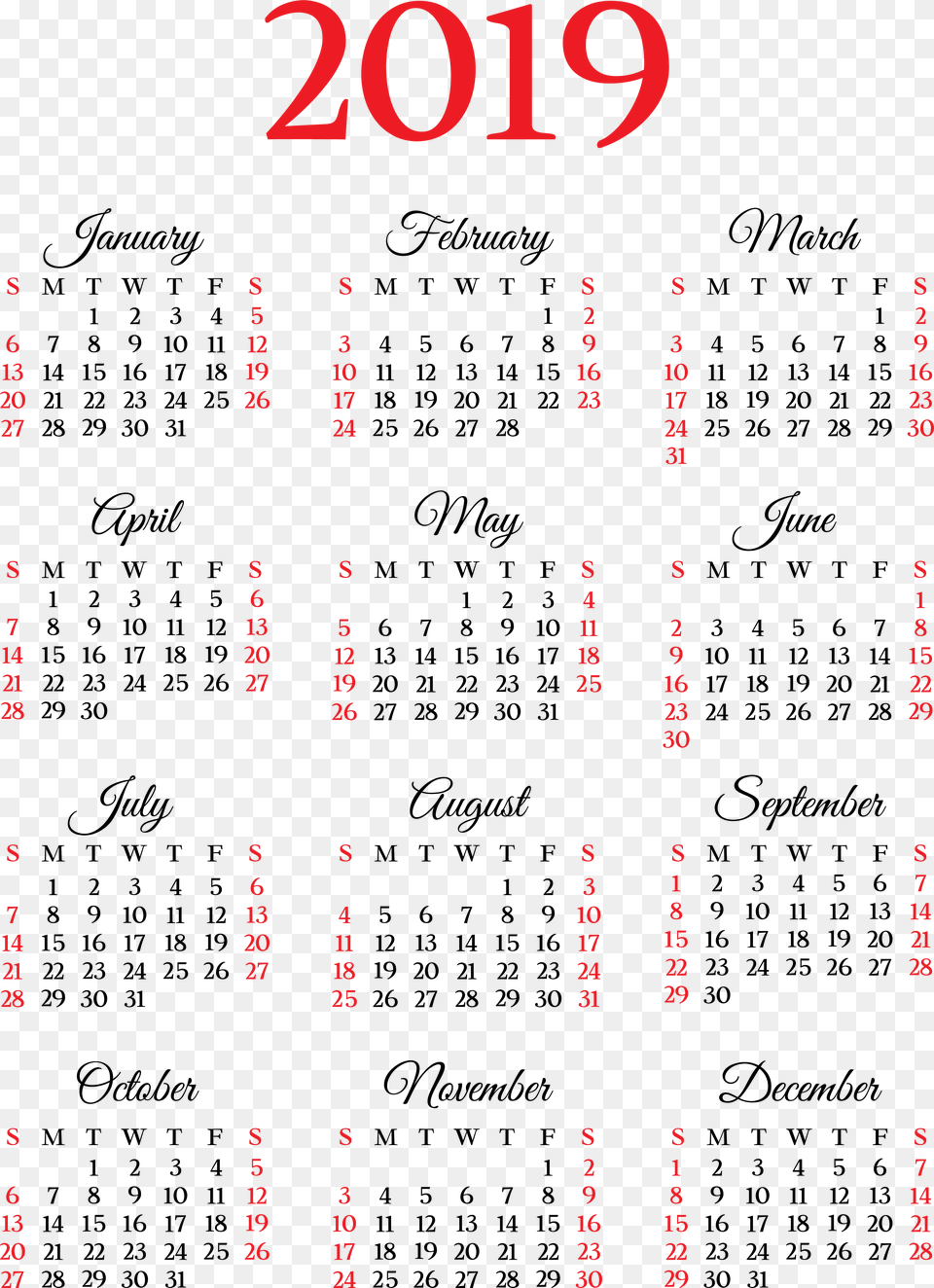 2019 Calendar Background, Text, Number, Symbol Free Png