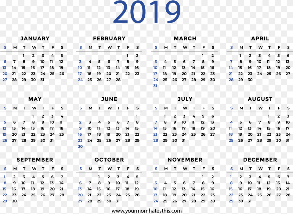 2019 Calendar Calendar 2019 A4 Printable, Text, Number, Symbol Png Image