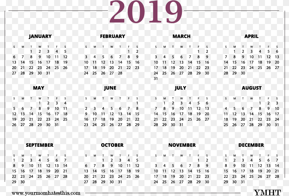 2019 Calendar Pink Design Calendar 2019, Text, Number, Symbol Free Transparent Png