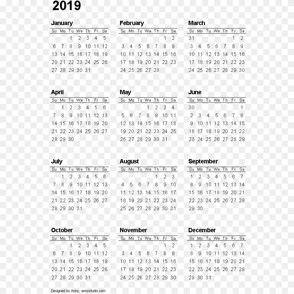2019 Calendar Transparent Background 12 Month Printable Calendar 2019, Text, Qr Code Free Png