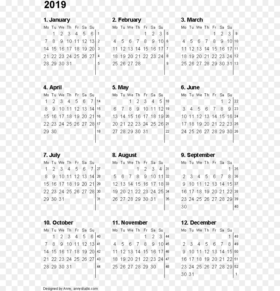 2019 Calendar Transparent Picture 12 Month Printable Calendar 2019, Text Png Image