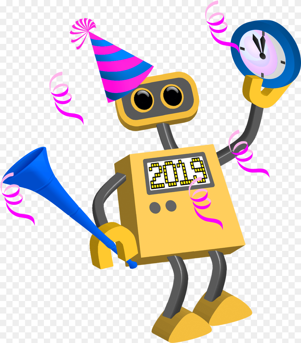 2019 Happy New Year Robots Celebare Greetings Happy New Year Cartoon 2019, Clothing, Hat, Person Free Transparent Png