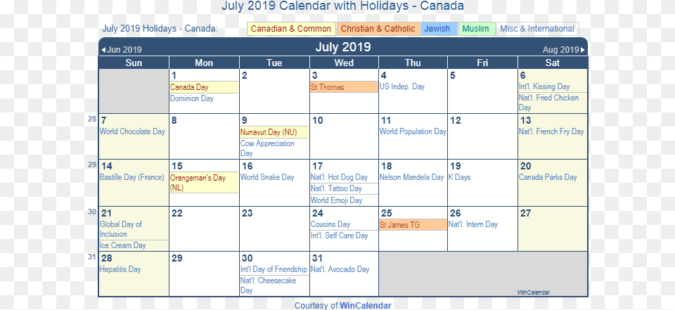 2019 July Calendar Canada Template July 2019 Holiday Calendar, Text Png Image