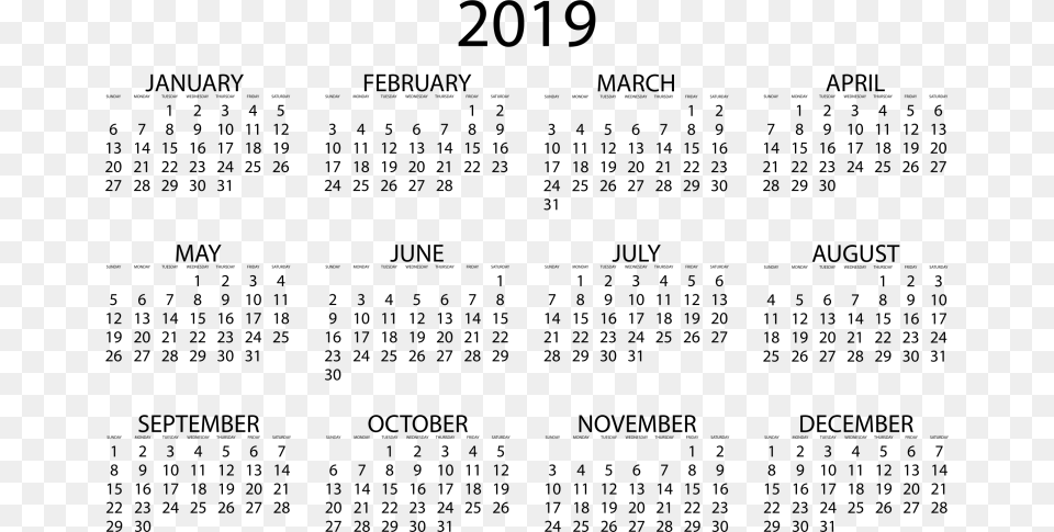 2019 Transparent Calendar Free Printable Calendar 2019 Uk, Gray Png