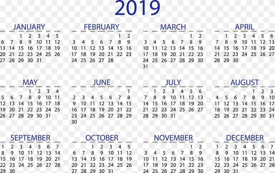 2019 Year Calendar Template Calendar, Text Free Png Download