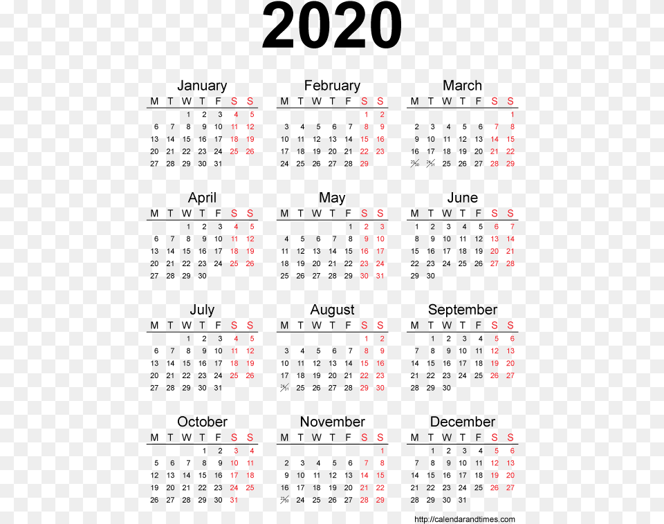 2020 Yearly Calendar Printable, Scoreboard, Text Free Png Download