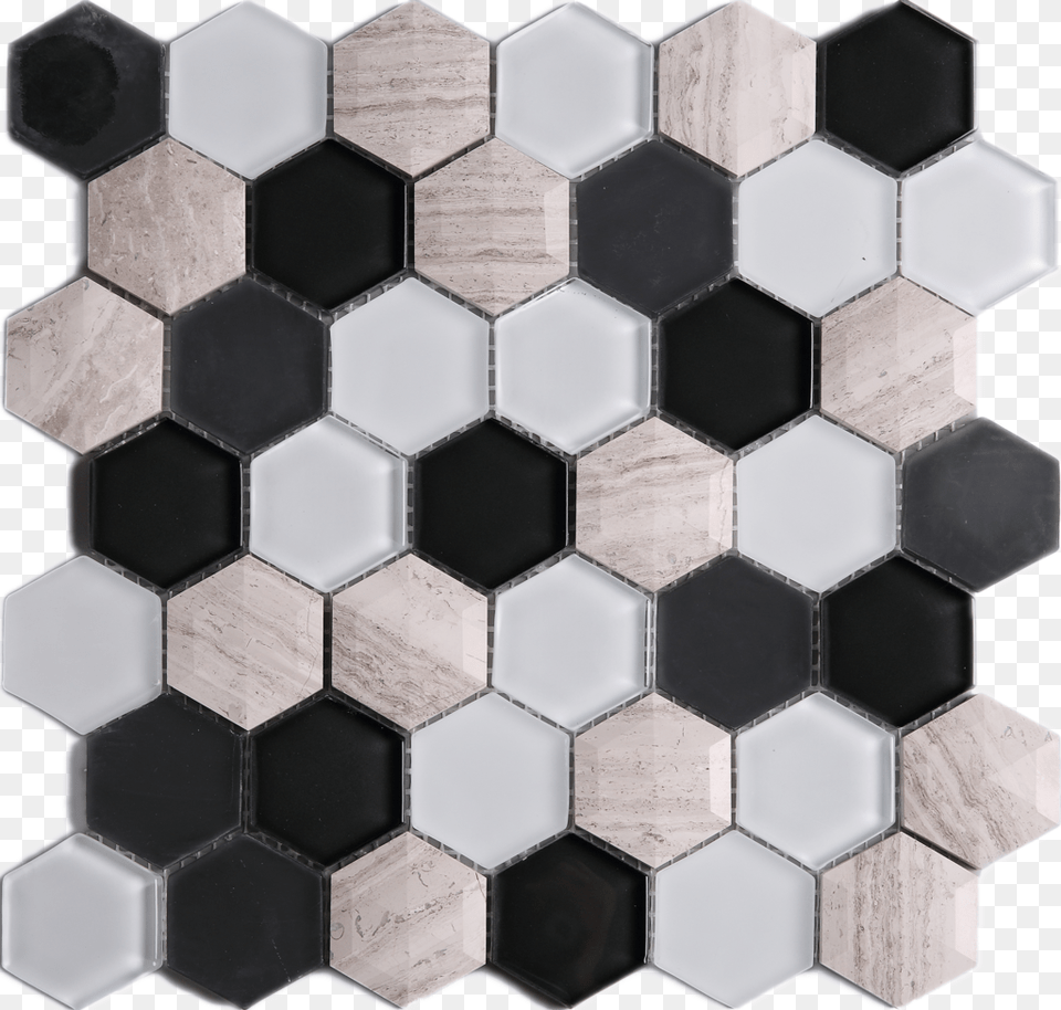 3d Honeycomb Hexagon Wooden Grey With Black Amp White Glass Mosaic Black Tile, Indoors, Interior Design, Floor, Flooring Png Image