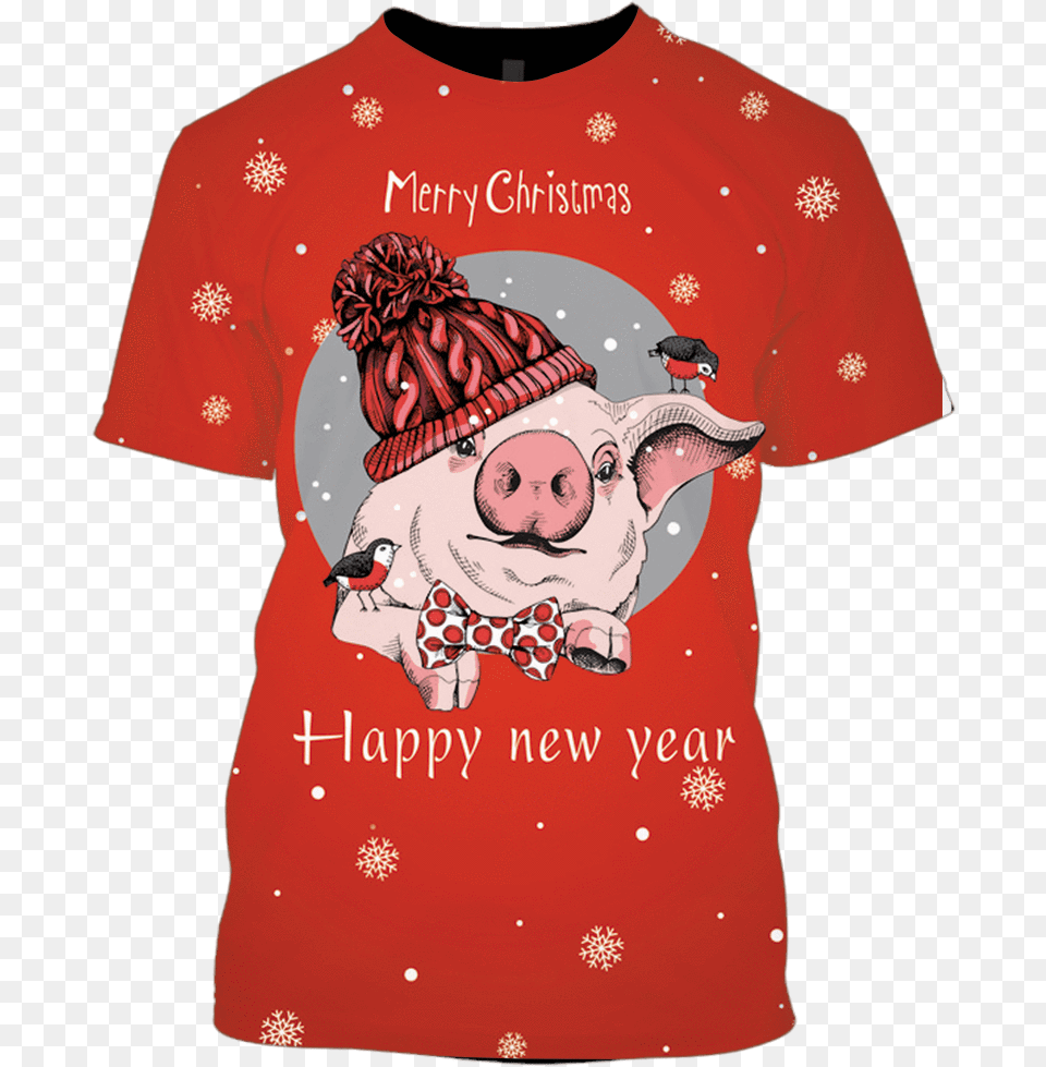 3d Pig Merry Christmas Full Print T Shirt Illustration, Clothing, T-shirt, Person, Face Free Png