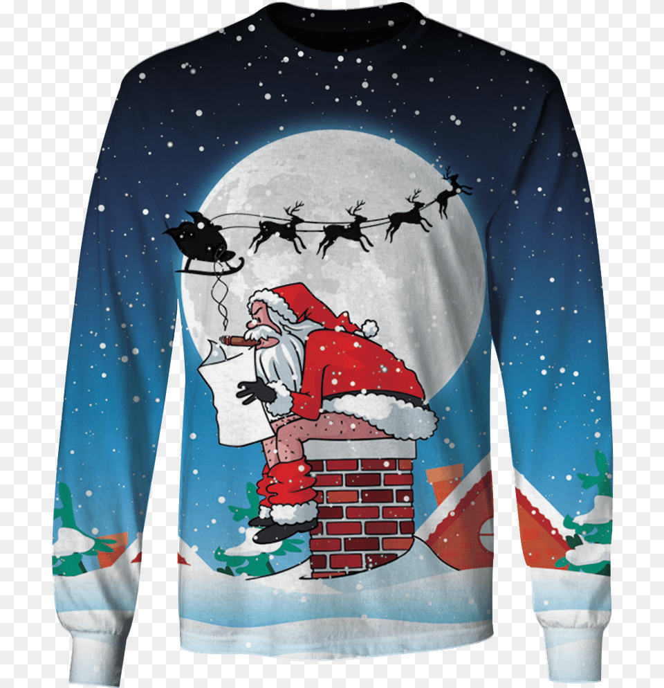 3d Santa Claus Sitting On Christmas Chimney Full Print Santa Sitting On Chimney, Clothing, Knitwear, Long Sleeve, Sleeve Free Transparent Png