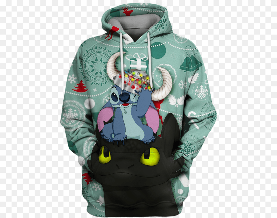 3d Stitch And Toothless In Christmas Tshirt Hoodie, Clothing, Coat, Knitwear, Sweater Png Image