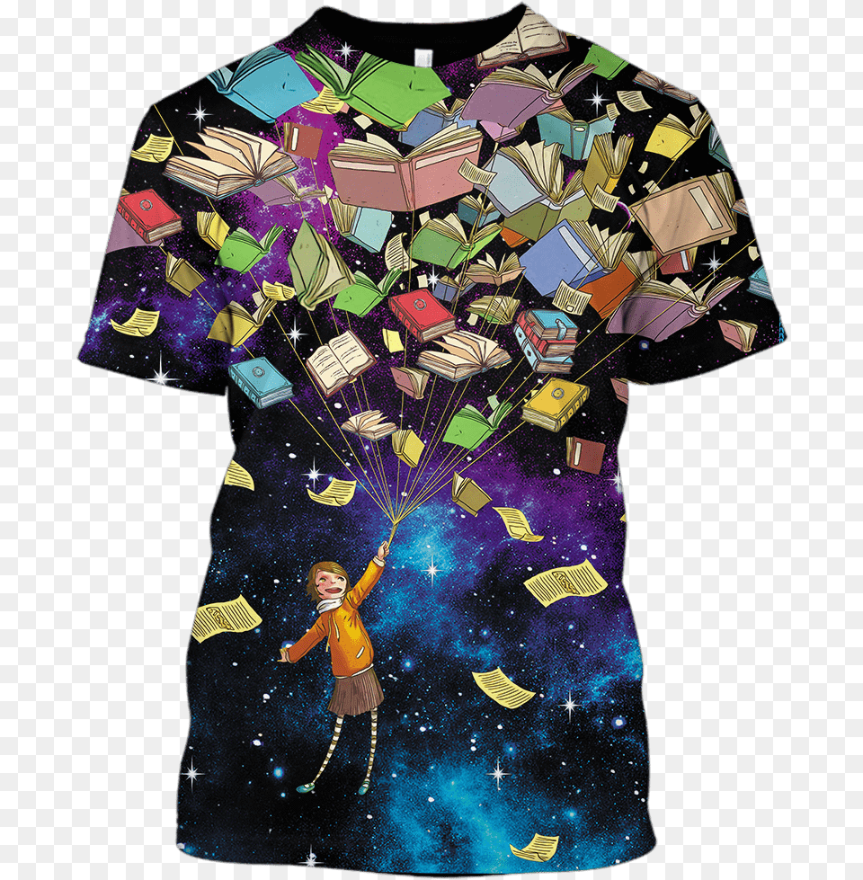 3d The Girl With Flying Books Full Print T Shirt Day Dress, Art, Clothing, Collage, T-shirt Free Png Download