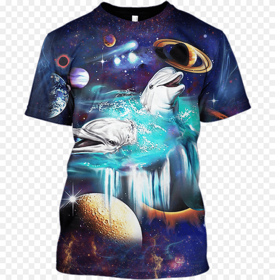 3d White Dolphin And Universe Full Print T Shirt Dolphin Grip Tape, Clothing, T-shirt, Adult, Male Png Image