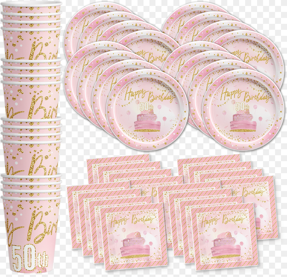 50th Birthday Pink Amp Gold Party Tableware Kit For 16 Birthday Galore, Food, Meal, Cream, Dessert Png Image