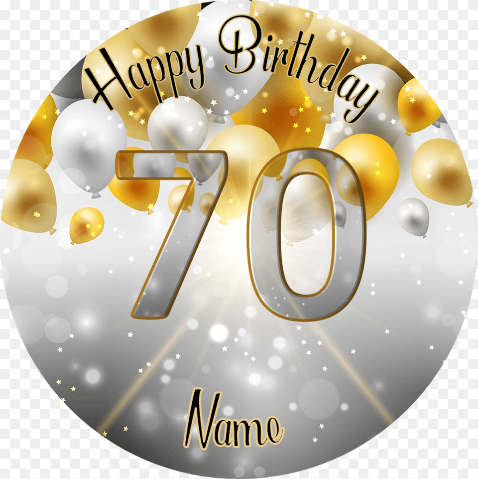 70th Birthday Cake Topper Edible Icing Or Wafer Gold And Silver Background, Number, Symbol, Text, Balloon Png Image