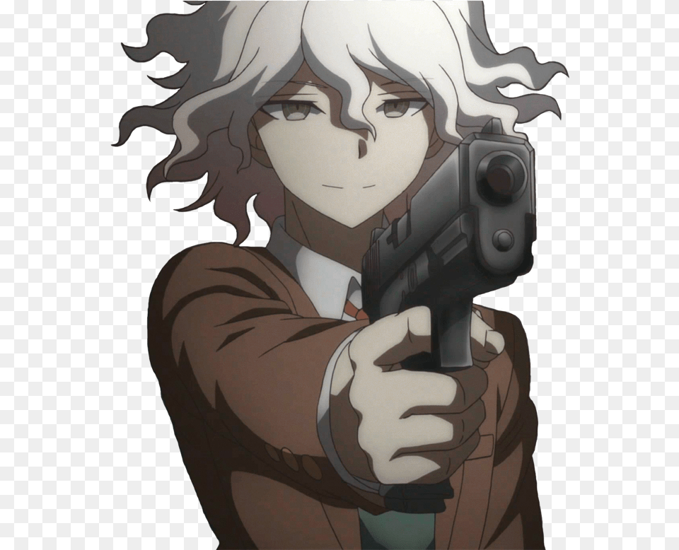 777 Komaeda With A Gun, Weapon, Book, Comics, Firearm Png