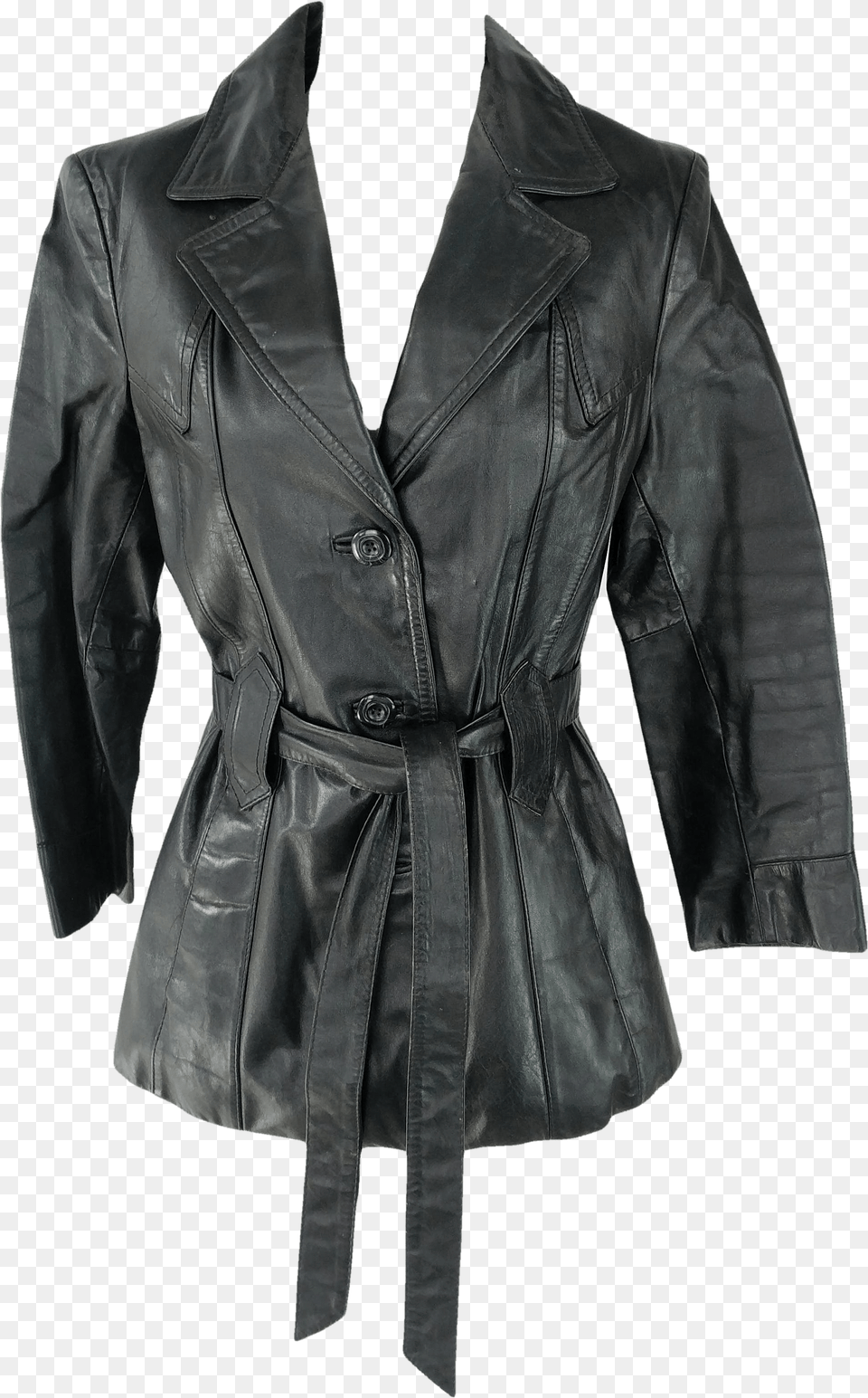 90s Wilsons Black Leather Jacket Button Closure Waist Leather Jacket, Clothing, Coat, Overcoat, Trench Coat Free Png