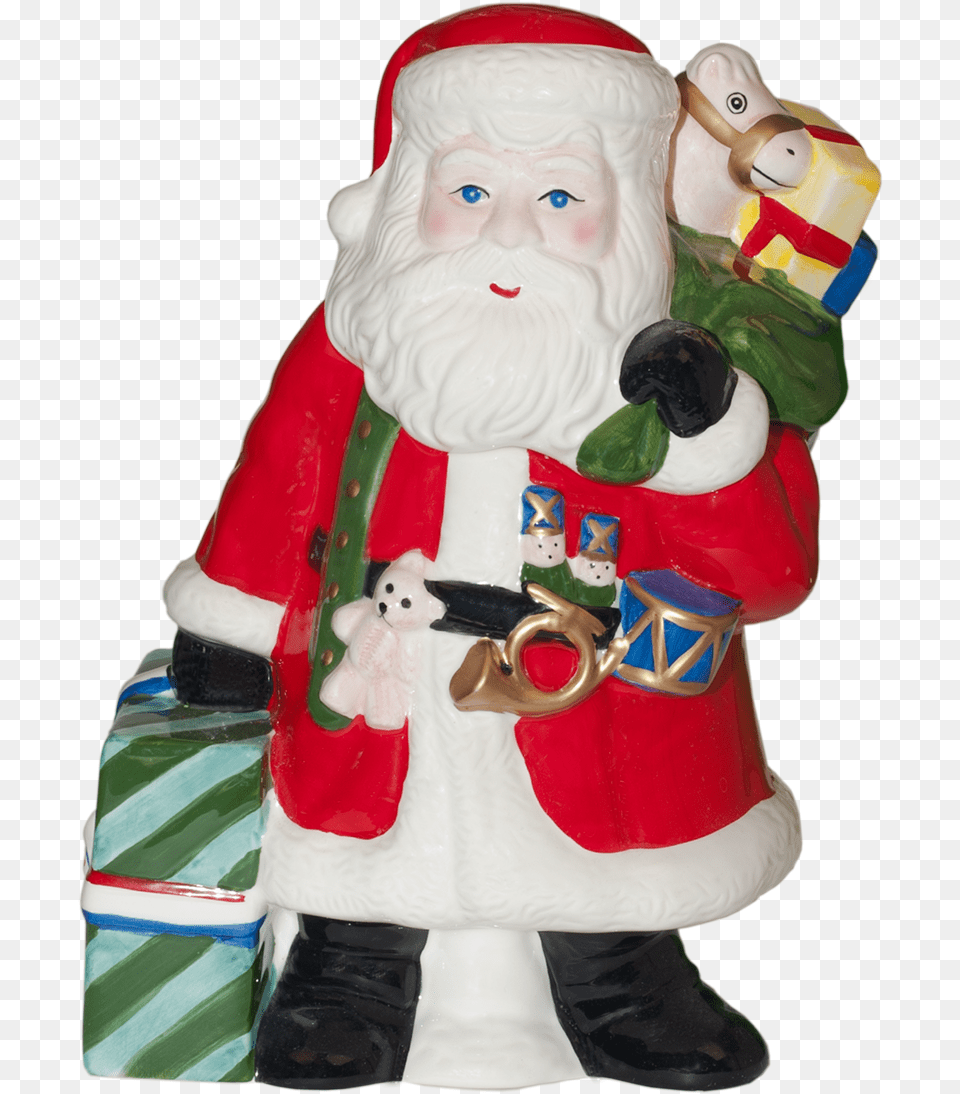 A Big Ceramic Cookie Jar Shaped Like Santa Clause Carrying Santa Claus, Figurine, Toy, Face, Head Free Png Download