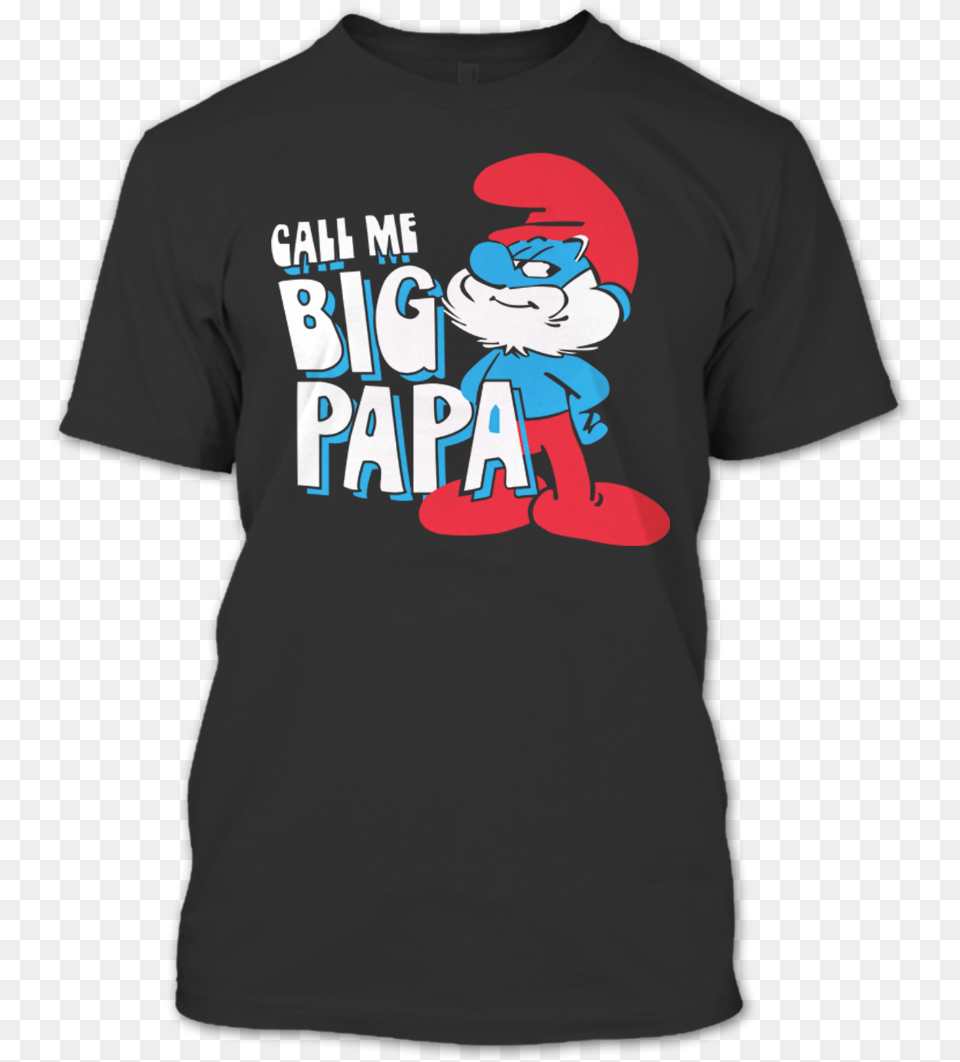 A Black T Shirt With The Shopify Logo Call Me Big Papa Funny Pick Up Line Smurf Smurfs Cartoon, Clothing, T-shirt, Face, Head Free Png