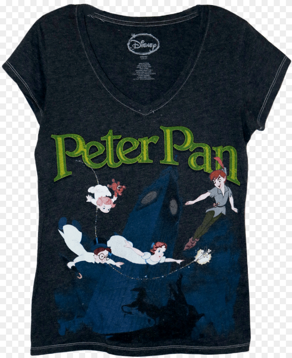 A Black V Neck T Shirt With Large Green Text Of Peter Peter Pan Disney, Clothing, T-shirt, Boy, Child Png Image