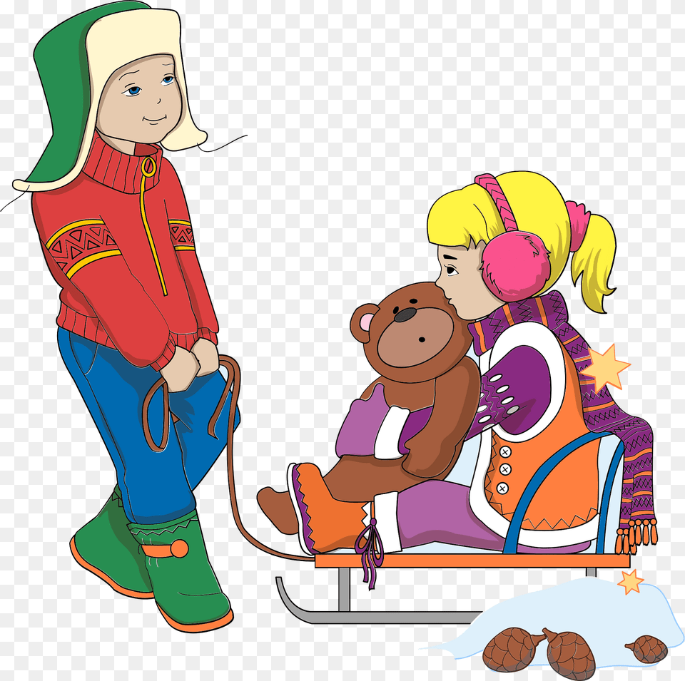 A Boy And A Girl On Sled In Winter Clipart, Person, Publication, Book, Comics Png Image
