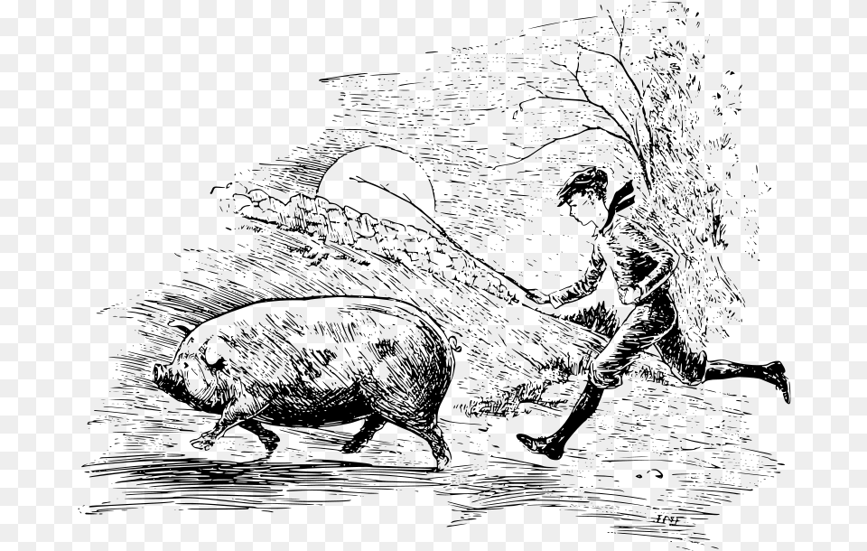 A Boy Running Behind A Pig With A Stick Boy And Pig, Gray Free Png