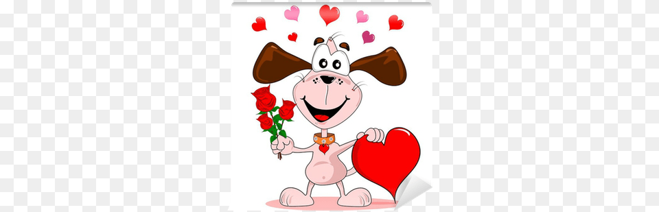A Cartoon Dog With Red Roses Amp Love Heart Wall Mural New Year 2012 Cartoon, Flower, Petal, Plant, Dynamite Free Png Download