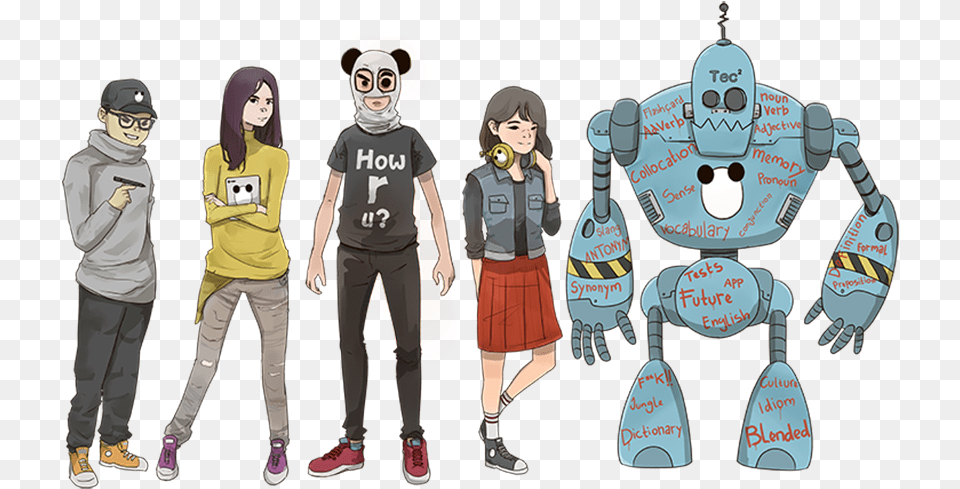 A Cartoon Of Five Students Of English Language Illustration, Book, T-shirt, Clothing, Comics Png Image