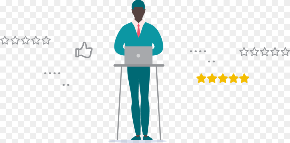 A Character Using A Laptop On A Background Of Rating Standing, Crowd, Person, Adult, Male Free Png Download