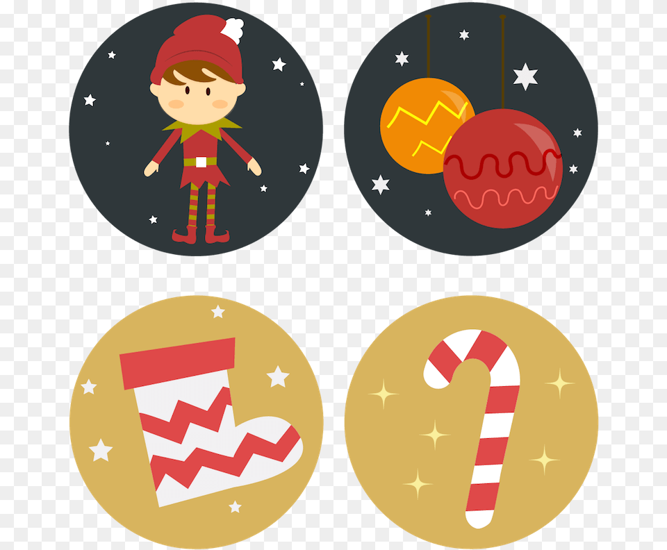 A Christmas Elf Tree Ornaments Stocking And A Yummy Icon Christmas Cartoon, Baby, Person, Face, Head Png Image