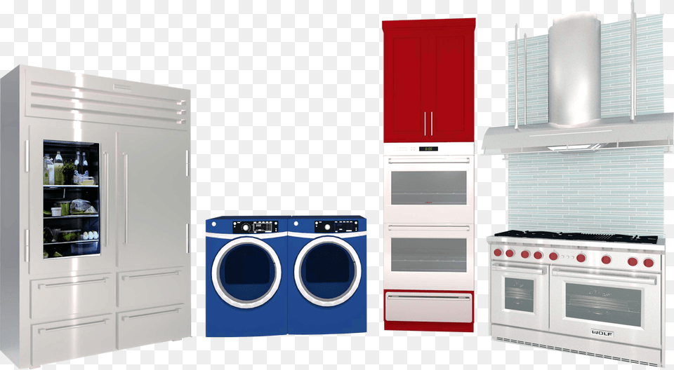 A Collection Of 3d Library Appliances Including A Refrigerator Kitchen Stove, Appliance, Washer, Electrical Device, Device Png Image