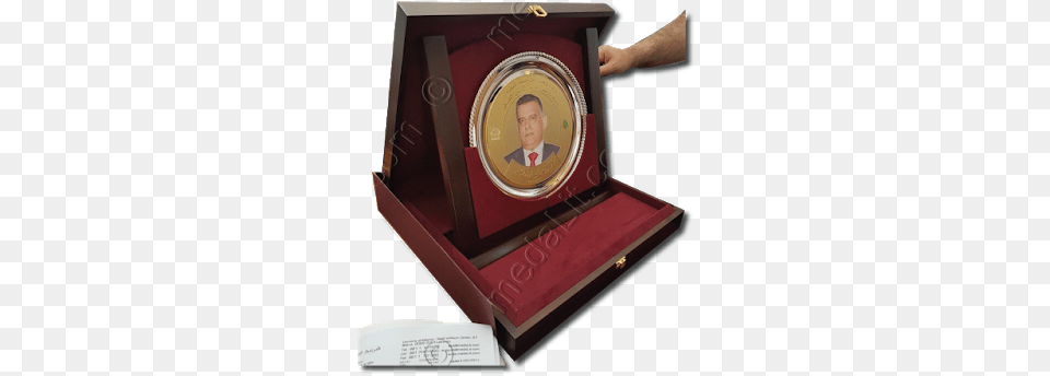 A Combination Of A Silverplated Platter And A Gold Bronze Medal, Box, Person Free Png Download