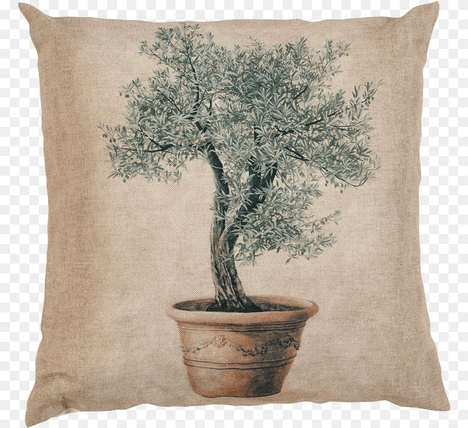 A Cotton And Linen Cushion With An Olive Tree Pattern Cushion, Home Decor, Plant, Potted Plant, Pillow Png Image