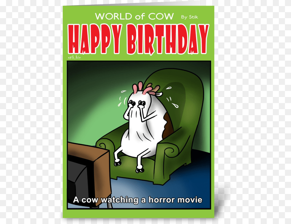 A Cow Watching A Horror Movie Bd Card Greeting Card Greeting Card For Tester, Advertisement, Publication, Book, Furniture Png