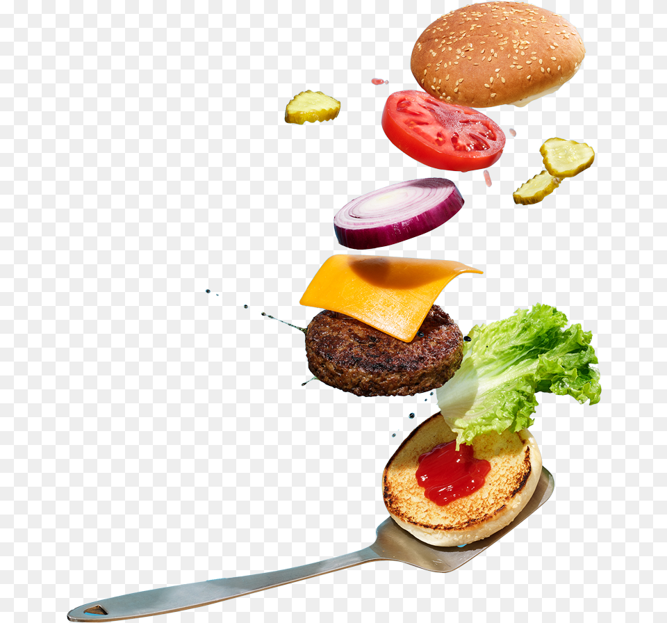 A Deconstructed Photograph Of A Hamburger Being Flipped Junk Food, Burger, Food Presentation, Cutlery, Lunch Free Transparent Png