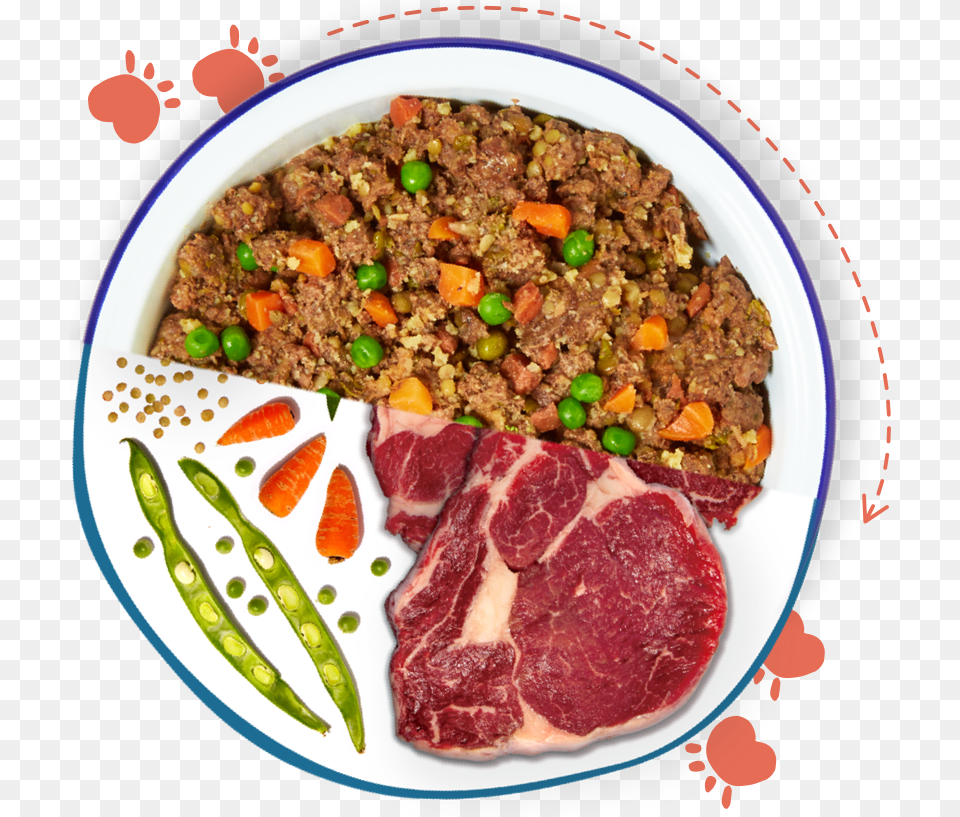 A Dog Bowl Split Across The Middle Showing Fresh Ingredients, Food, Meat, Pork, Meal Png