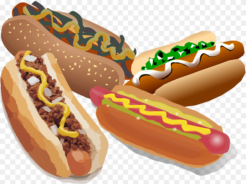 A Drawing Of Four Cartoon Hot Dogs In Bunswith Different Chili Dog Clip Art, Food, Hot Dog Png Image