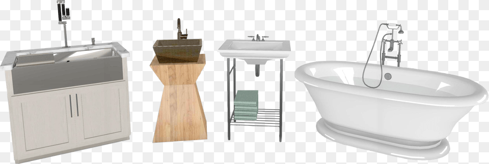 A Farmhouse Kitchen Sink Alongside Two Styles Of Bathroom Bathroom Sink, Bathing, Bathtub, Person, Tub Png