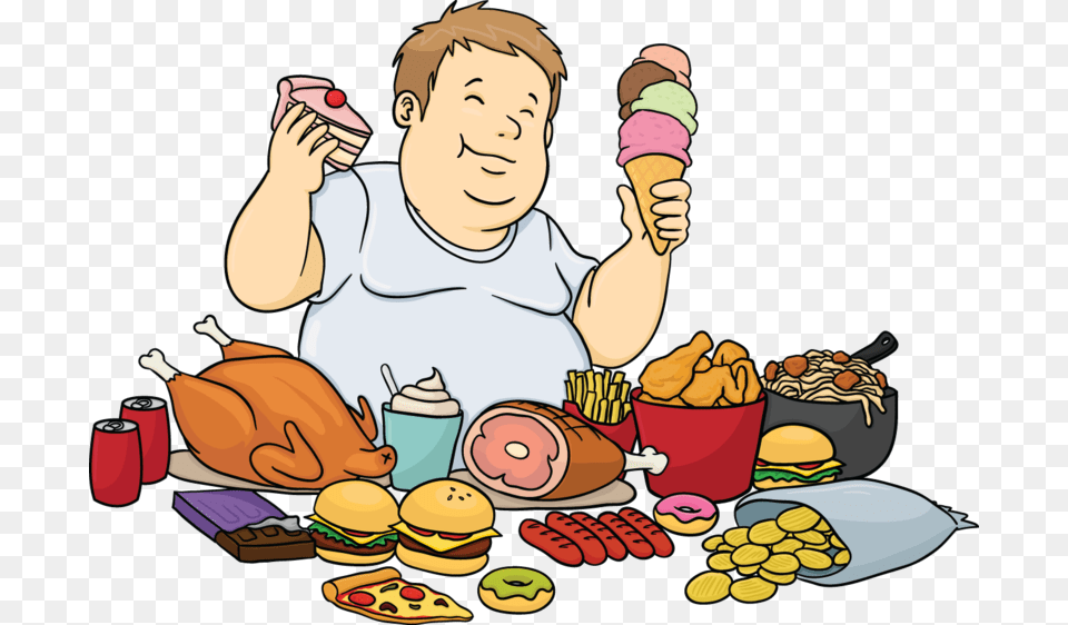 A Fat Cartoon Man Feasting On Eating Junk Food Clipart, Burger, Cream, Dessert, Ice Cream Free Png Download