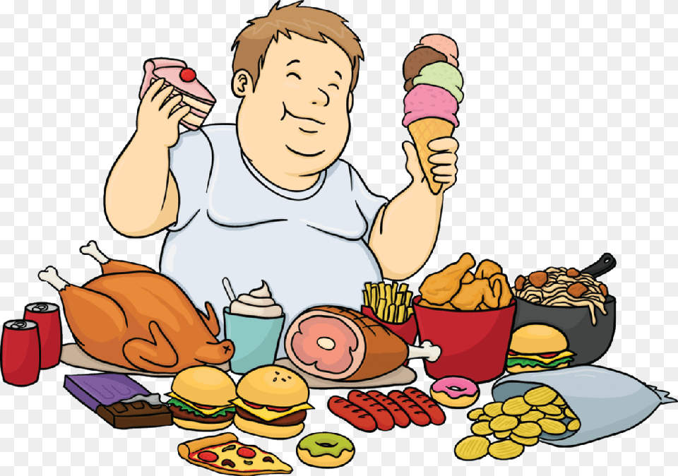 A Fat Cartoon Man Feasting On Healthy Foods Cartoons, Food, Burger, Baby, Person Free Png